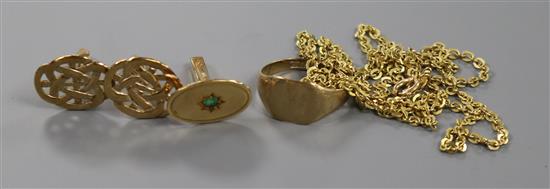 A 9ct yellow gold signet ring, a 9ct gold and emerald cufflink, a pair of yellow metal cufflinks and a similar neck chain